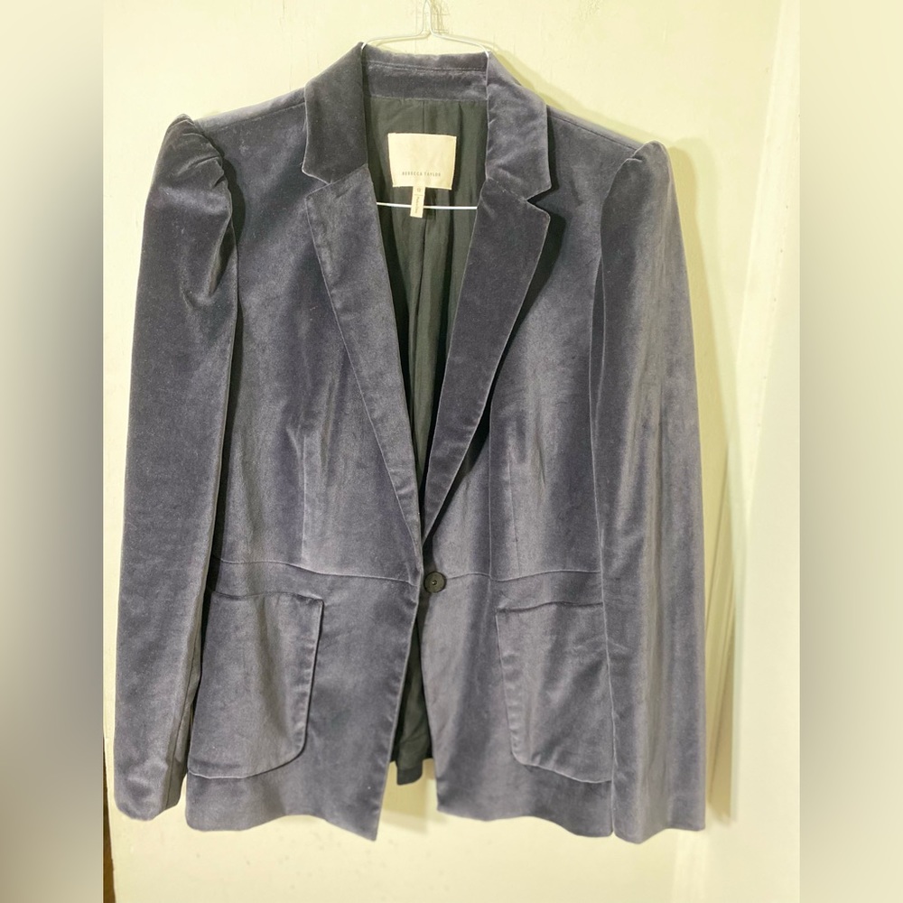 Rebecca Taylor Womens Stretch Velvet Single Button Blazer Gray Size 12